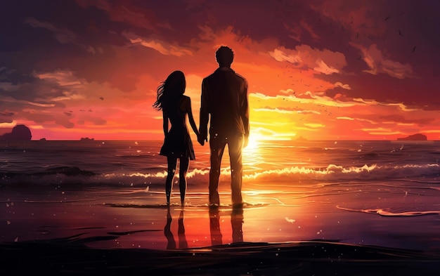 Couple watching at sunset on the beach Generative AI