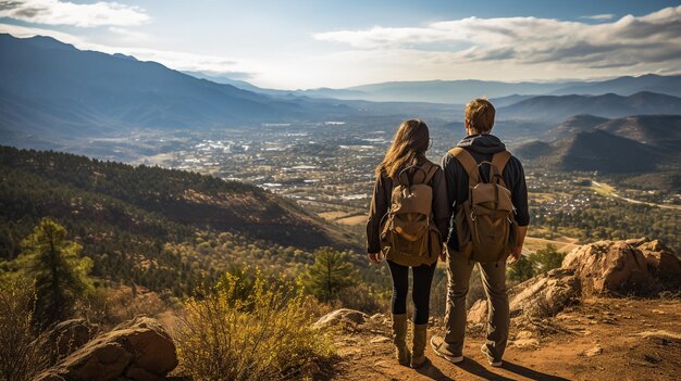 Couple watching sunset mountain outdoors concept