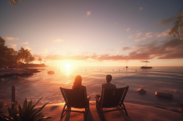 Пара смотрит закат на тропическом курорте Пара на пляже AI