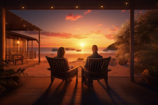 トロピカルリゾートで夕日を眺めるカップル ビーチにいるカップル AI