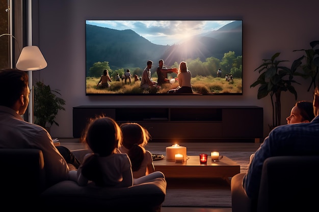 Couple watching TV at night in the living room with city view