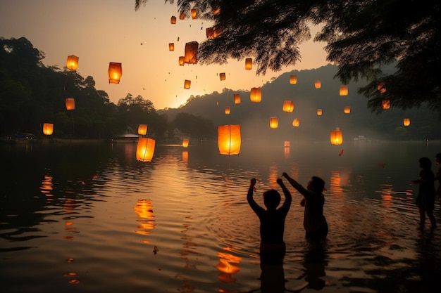 A couple in the water with a lantern floating above them
