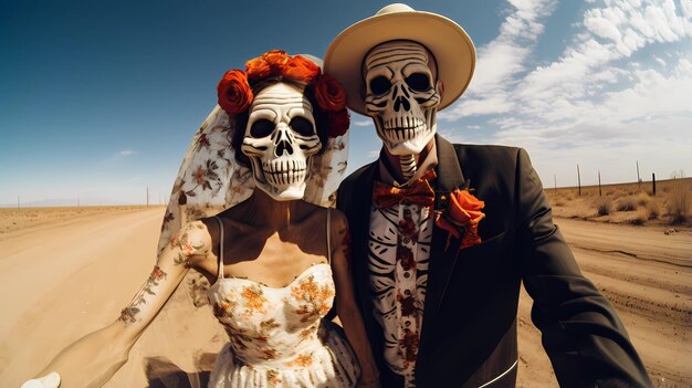 Photo a couple wearing a dia de los muertos mexican skull on a desert road