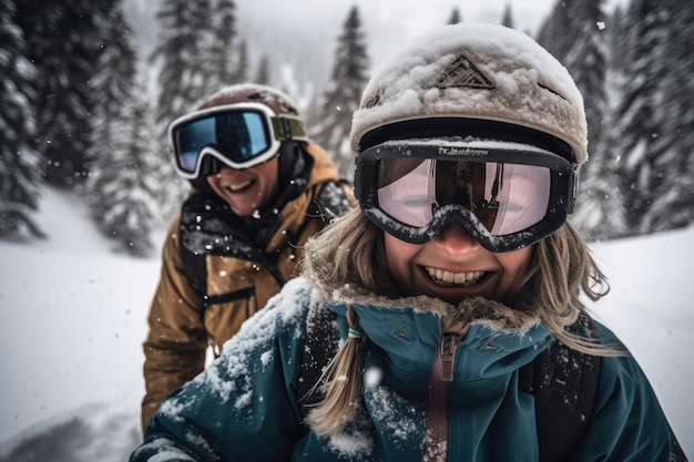 A couple wearing goggles and snow goggles smile for the camera.