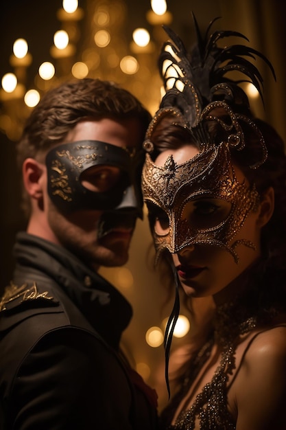 couple wearing masks at a masquerade ball