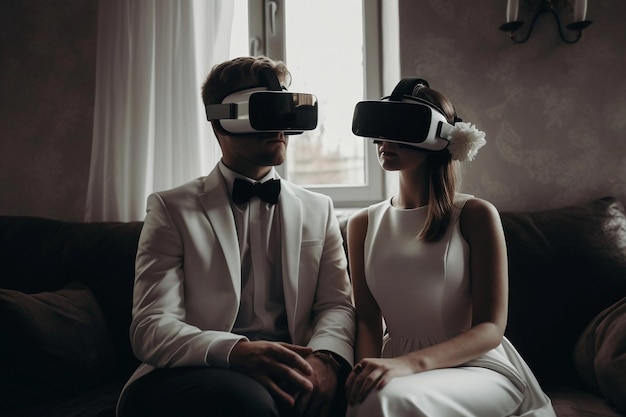 A couple wearing vr goggles sit on a couch.