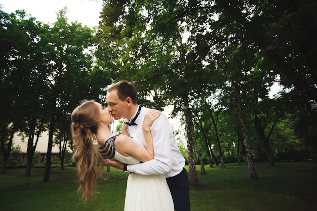 Couple in wedding attire is in the hands against the backdrop of the field at sunset, the bride and groom