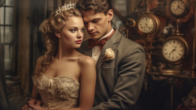 A couple in a wedding dress embraces in front of a clock.