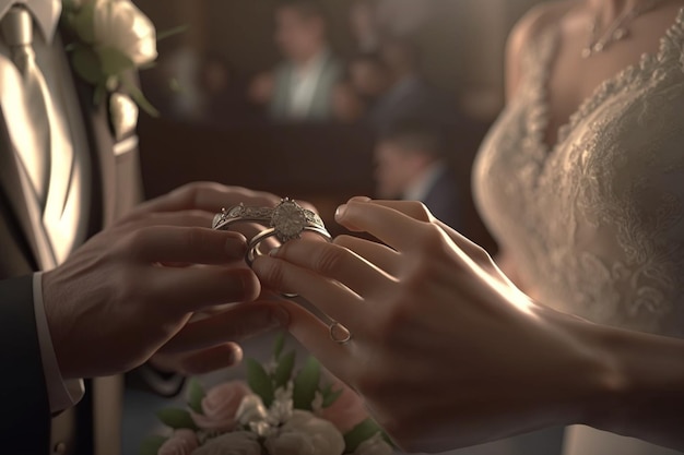 A couple in a wedding dress holds a wedding ring with the word love on it.