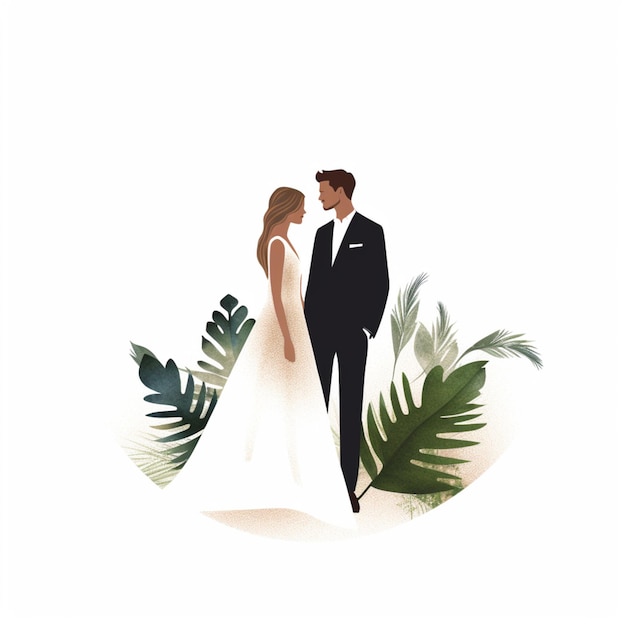 A couple in a wedding dress standing in front of a tropical plant.