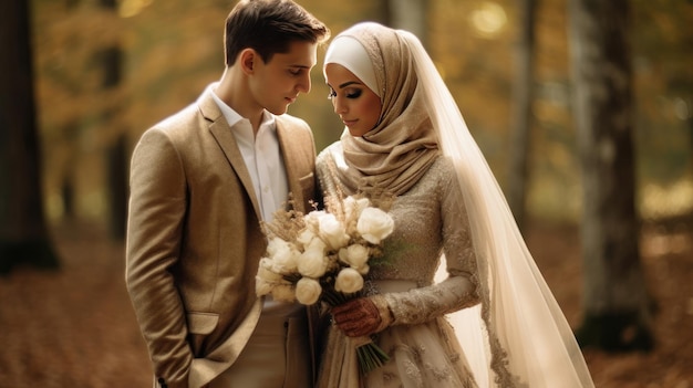 Photo a couple in a wedding dress with a bouquet of white roses