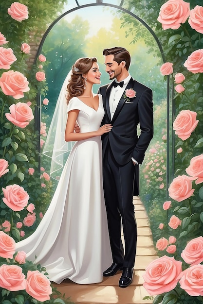 Пара свадьбы мужчина носит смокинг и женщина смотрят друг на друга счастливая улыбка романтические розы сад