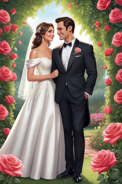 結婚式のカップル 男性はスモーキドを着て 女性は互いに幸せな笑顔を浮かべ ロマンチックなバラの庭