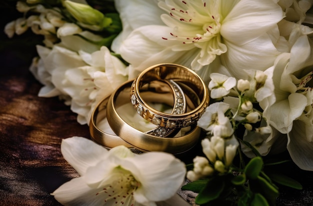 Photo a couple of wedding rings sit on top of a bouquet of flowers.