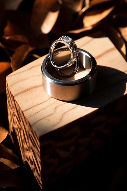 a couple of wedding rings sitting on top of a wooden box