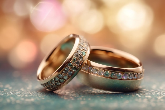 A couple of wedding rings with diamonds on them