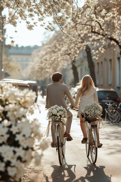 Photo couple on a white day city bike ride