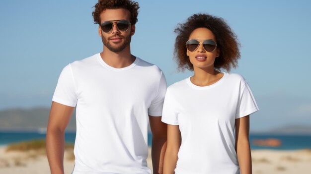 Couple in white tshirts on beach Summer fashion and vacation concept