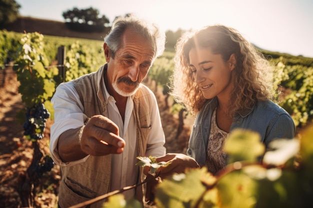 Couple of winegrowers picking grapes while watching the growth of the crop in the vineyard