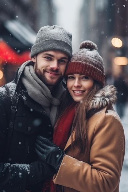 A couple in winter clothes are hugging and smiling.