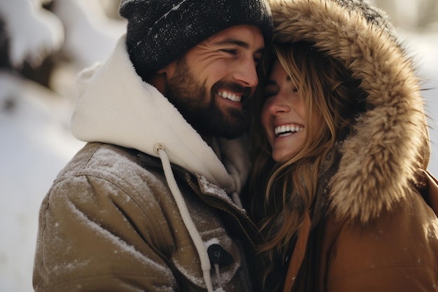 Couple in winter The magic of spending time together when it's cold and snowy around them warm each other with their love and create unforgettable memories in the winter