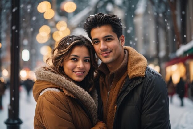 Photo couple in winter street background winter season snow happy holidays