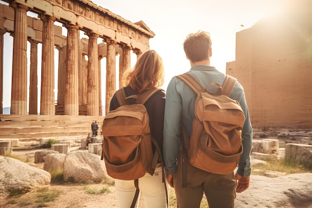 couple with backpack in font of Parthenon in Athens