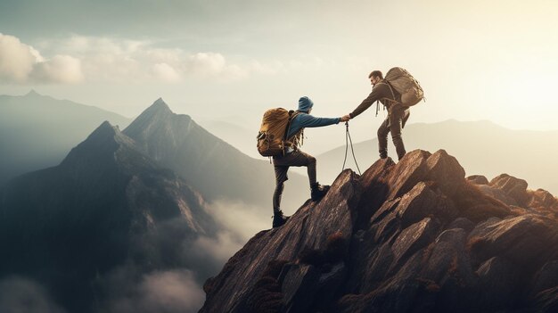 couple with backpacks hiking in mountains