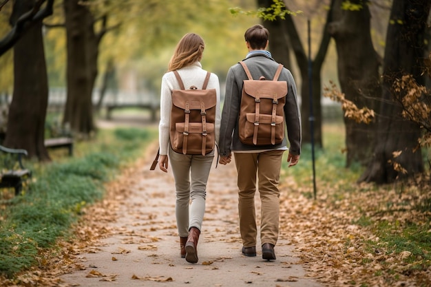 Photo couple with backpacks walking outdoors