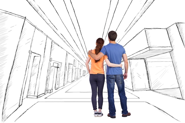 Couple with backs to camera against sketch of an office building