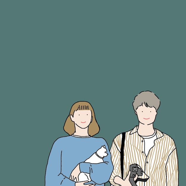 A couple with a cat in the womans arm and the camera in mans hand are standing together