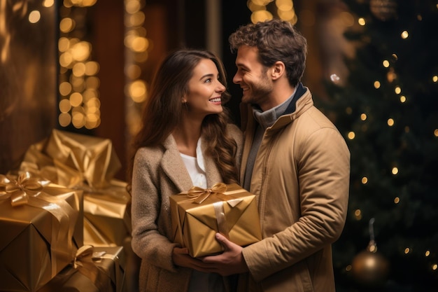 couple with Christmas gift in front of golden wall