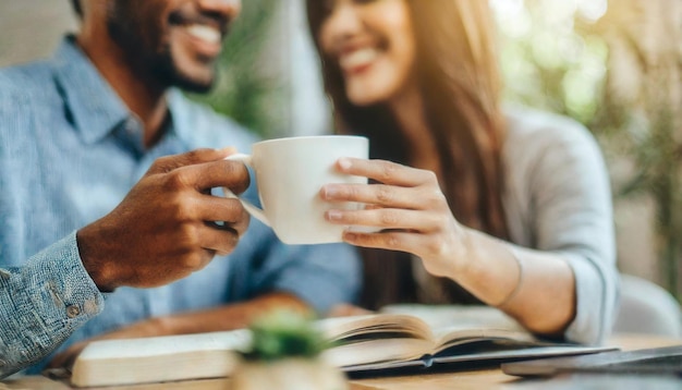 Couple with coffee hands intertwined sharing warmth and connection in the comfort of home