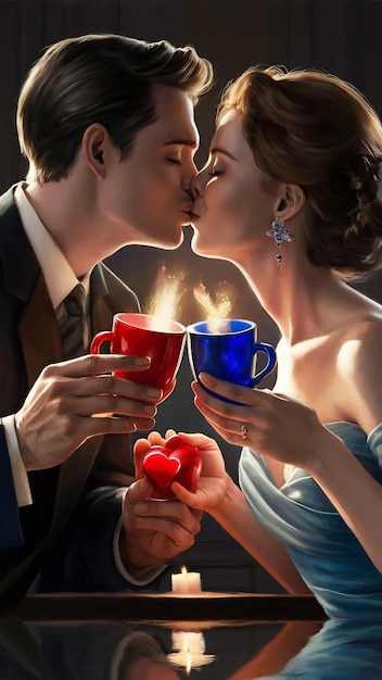 Couple with cups kissing