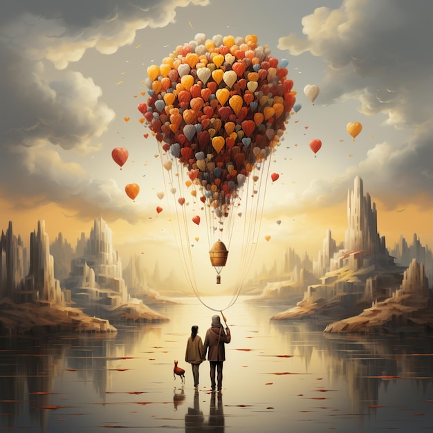 Couple with dog looing at a balloon made from hearts emotion and love support of soulmate romance