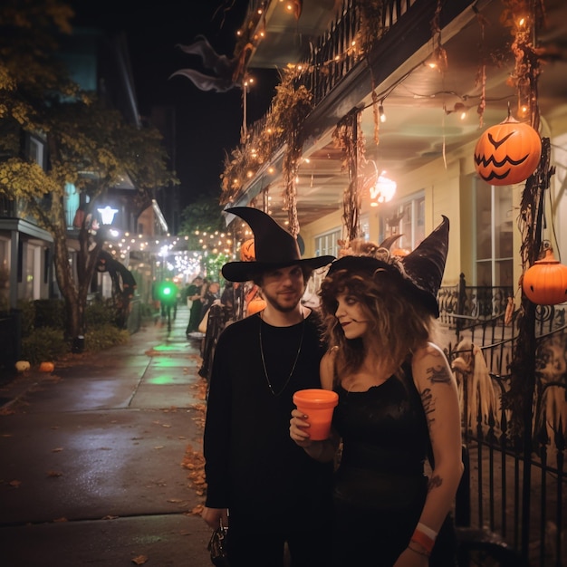 Пара в костюмах Хэллоуина делает селфи на вечеринке, празднует с друзьями на вечеринке в честь Хэллоуина