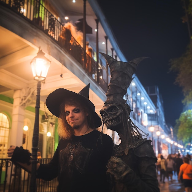 Couple with Halloween costumes taking selfie on a partycelebrating with friends at halloween party