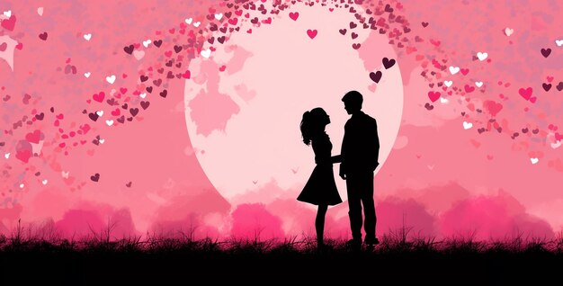 couple with hearts on pink background valentine day silhouette of a couple kissing