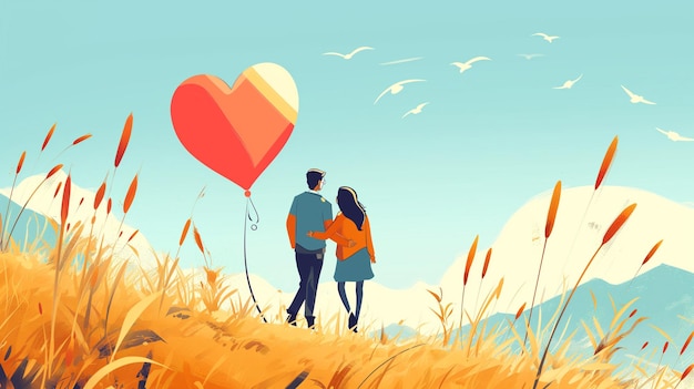 Couple with love and heart with character design trendy and flat style generative ai