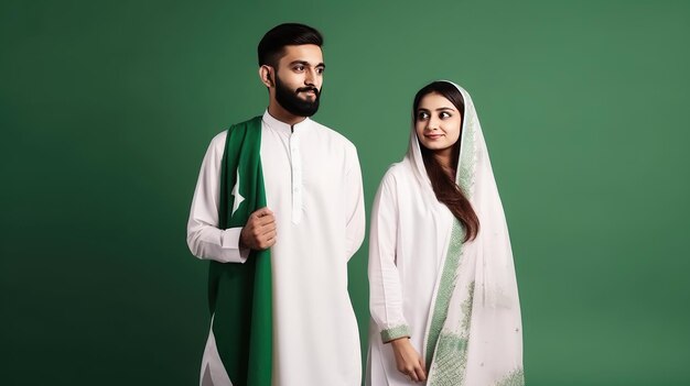 Couple with Pakistan flag on shoulder random solid background