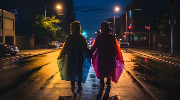 Couple with rainbow colored raincoat AI generated