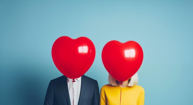 Couple with Red Heart Balloons Covering Faces