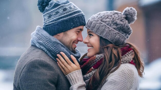 Couple with scarves and woolen hats looking at each other