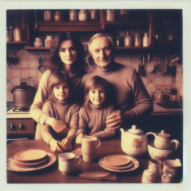 Couple with two children in the kitchen Retro style photo