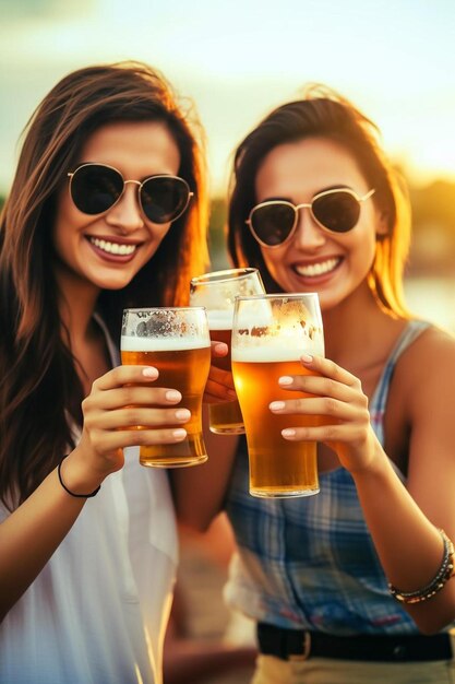 Photo a couple of women holding up glasses of beer