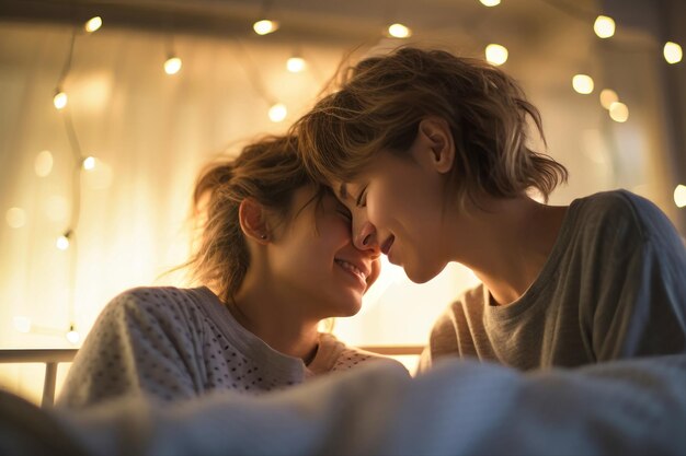 두 명의 여성 레즈비언이 침대에 에 누워서 사랑과 친밀감을 표현하고 있습니다.