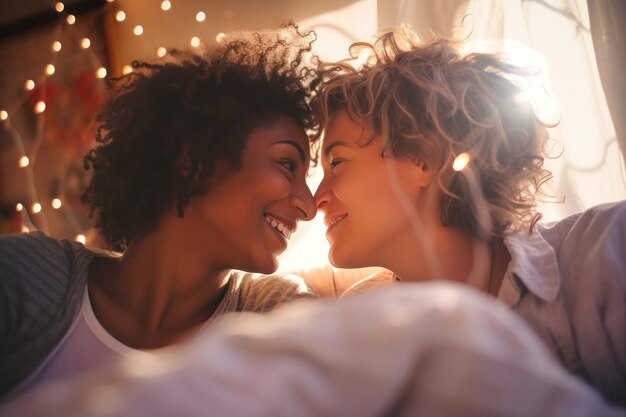 Photo a couple of women in love and romantically involved are laying on top of a bed together