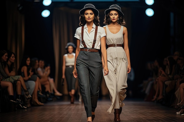 A couple of women walking down a runway