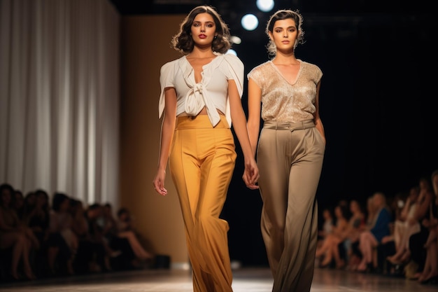 A couple of women walking down a runway