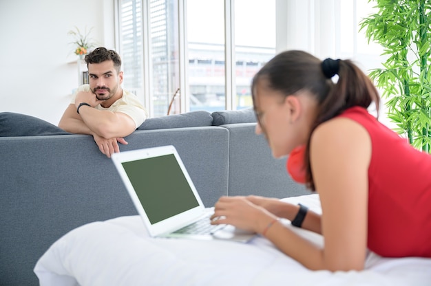 A couple working from home together with happiness and good emotion